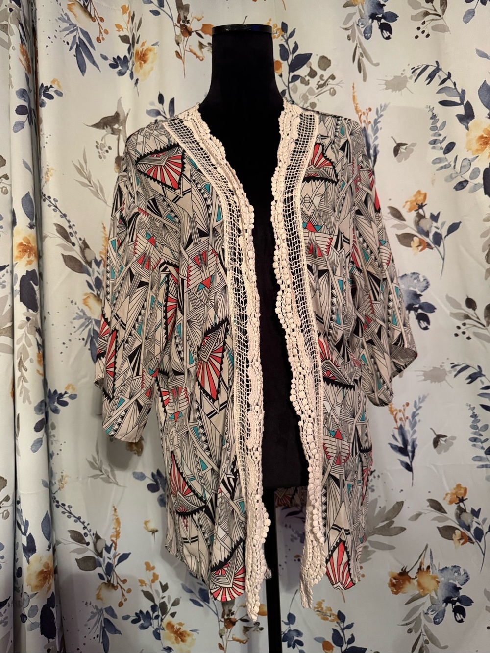 Xhilaration Coral Teal Black Cream Patterned Kimono